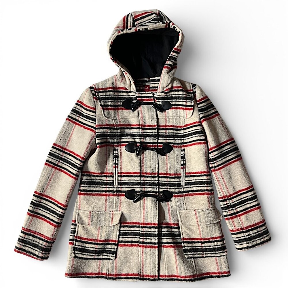 Merona Women's Plaid Wool Hooded Duffel Coat Tuggle & Snap Closure Size M
